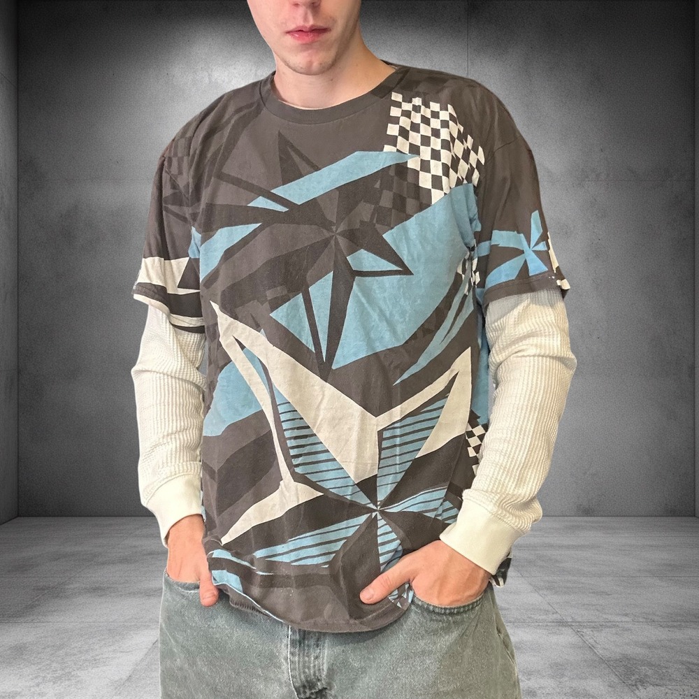 Vintage Anchor Blue Y2K Star Checkerboard All Over Print T-Shirt Mens Large Gray